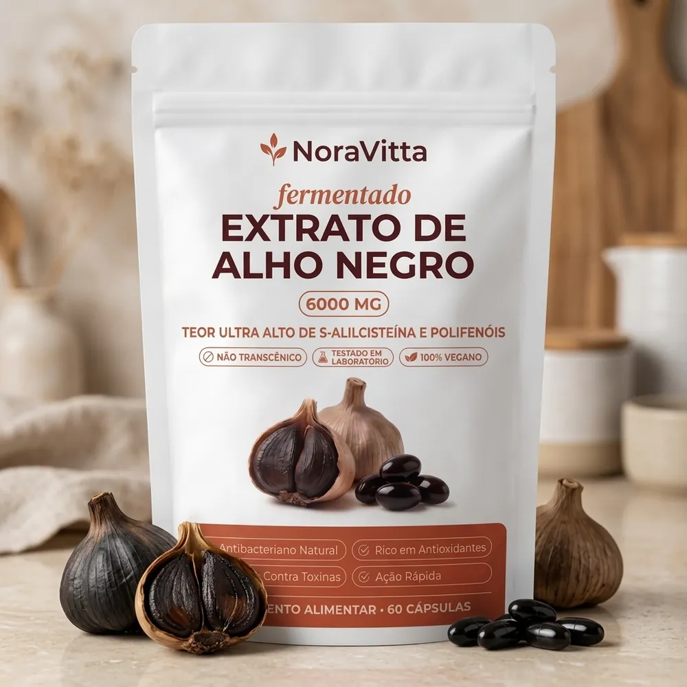 Embalagem na bancada da cozinha com bulbos de alho negro